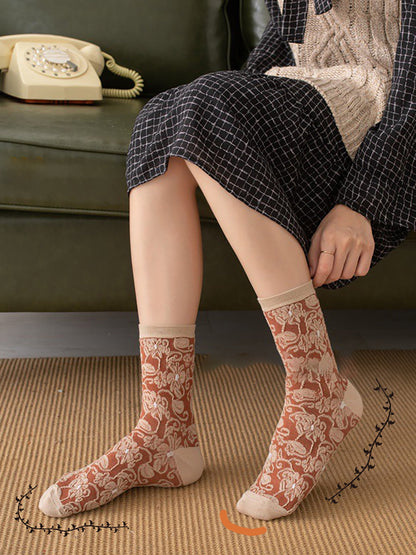 Damen Vintage Socken im Boho-Stil – 5er Set, florale Muster, ideal für Alltag und Freizeit