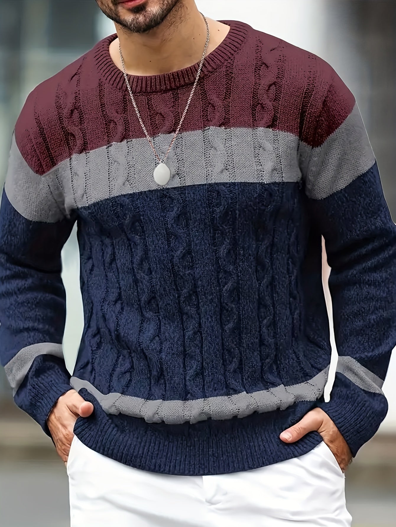 Herren Strickpullover Rundhals Zopfmuster Mehrfarbig