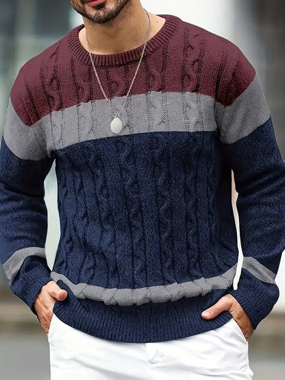 Herren Strickpullover Rundhals Zopfmuster Mehrfarbig