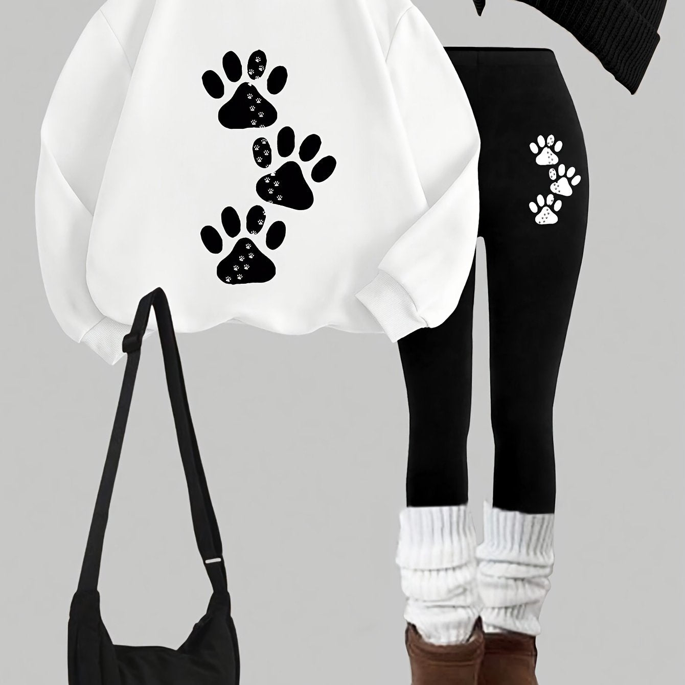 Damen Sweatshirt & Leggings Set mit Pfotenabdruck-Print, Langarm Oberteil und Hose