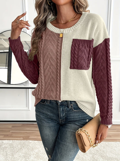 Damen Patchwork Strickpullover mit Rundhalsausschnitt und Zopfmuster
