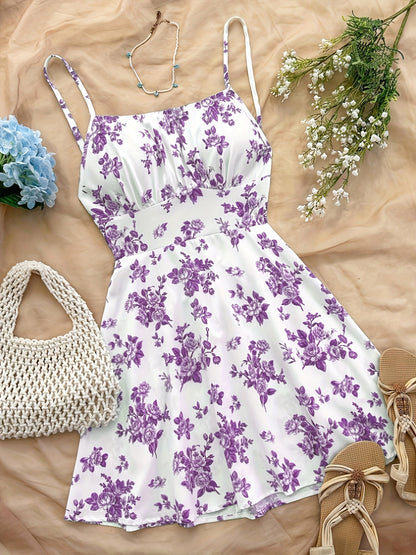 Damen Sommerkleid mit floralen Print und Spaghettiträgern – Perfekt für Urlaub und Freizeit