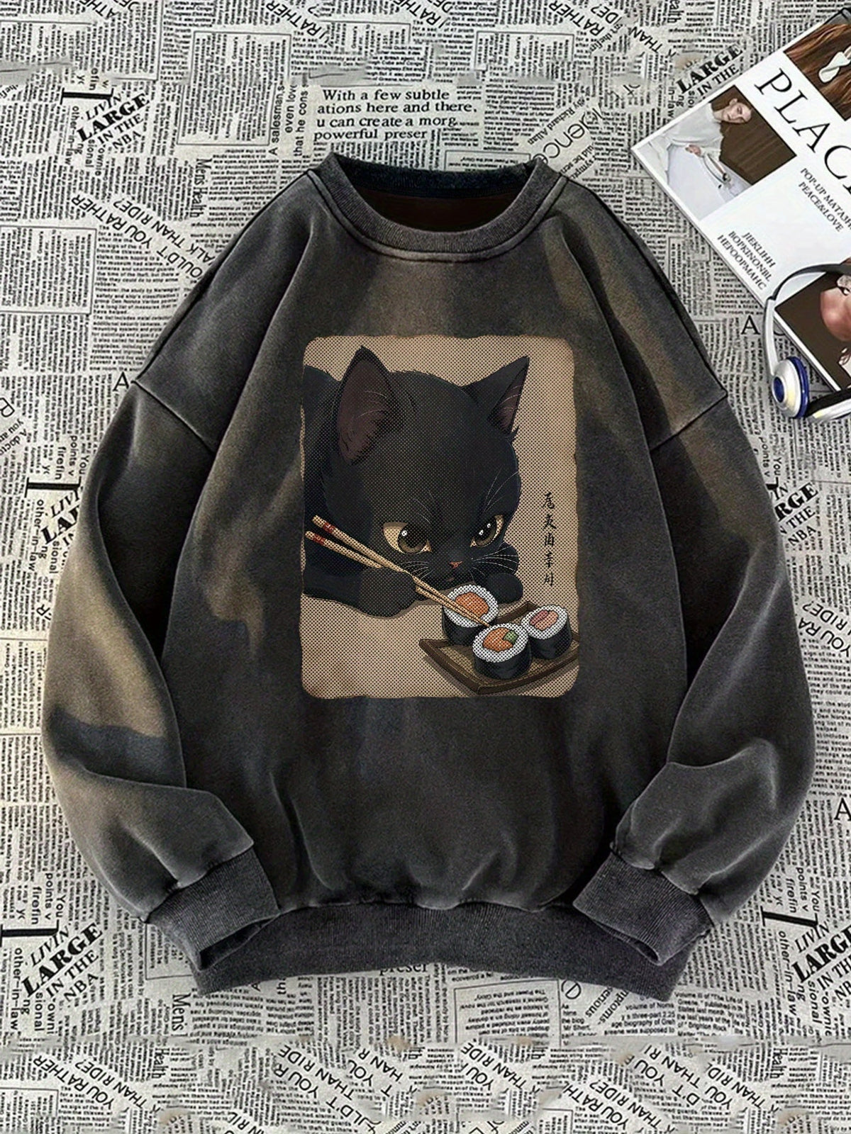 Sweatshirt Unisex Oversize mit Katzen-Sushi-Motiv, Rundhals, Baumwolloptik