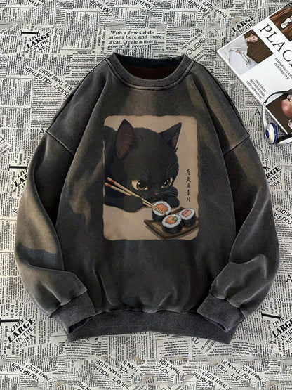 Sweatshirt Unisex Oversize mit Katzen-Sushi-Motiv, Rundhals, Baumwolloptik
