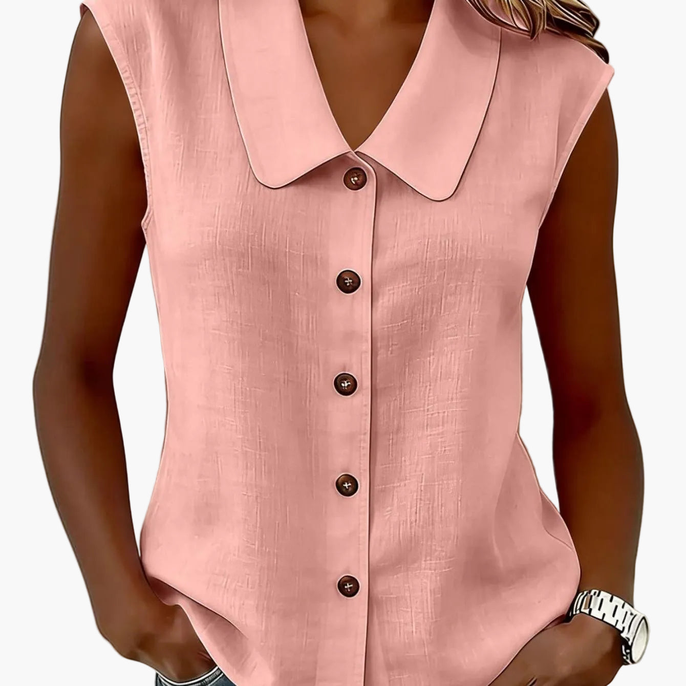 Damen Blusentop ohne Ärmel mit Knopfleiste und großem Kragen – Eleganter Freizeitstil für Alltag und Büro