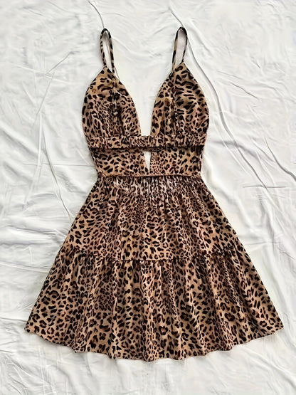 Damen Leopard Print Ärmelloses Mini Kleid mit Stufenrock – Sommer, Urlaub, Strand, Freizeit