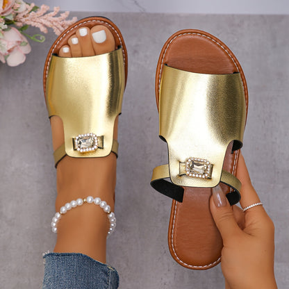 Damen Slip-On Sandalen mit Schmuckstein und modernem Design – Elegante Freizeitschuhe