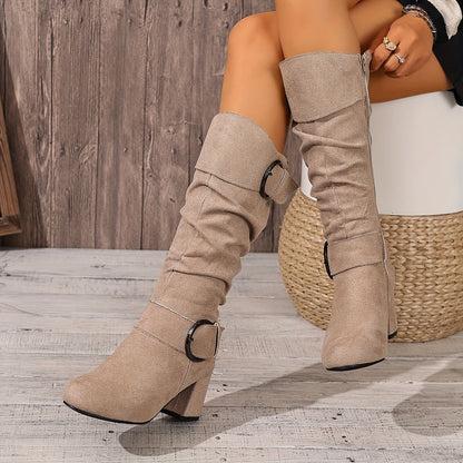 Damen Stiefel Mid-Calf mit Schnallen, seitlichem Reißverschluss und Blockabsatz in Wildlederoptik
