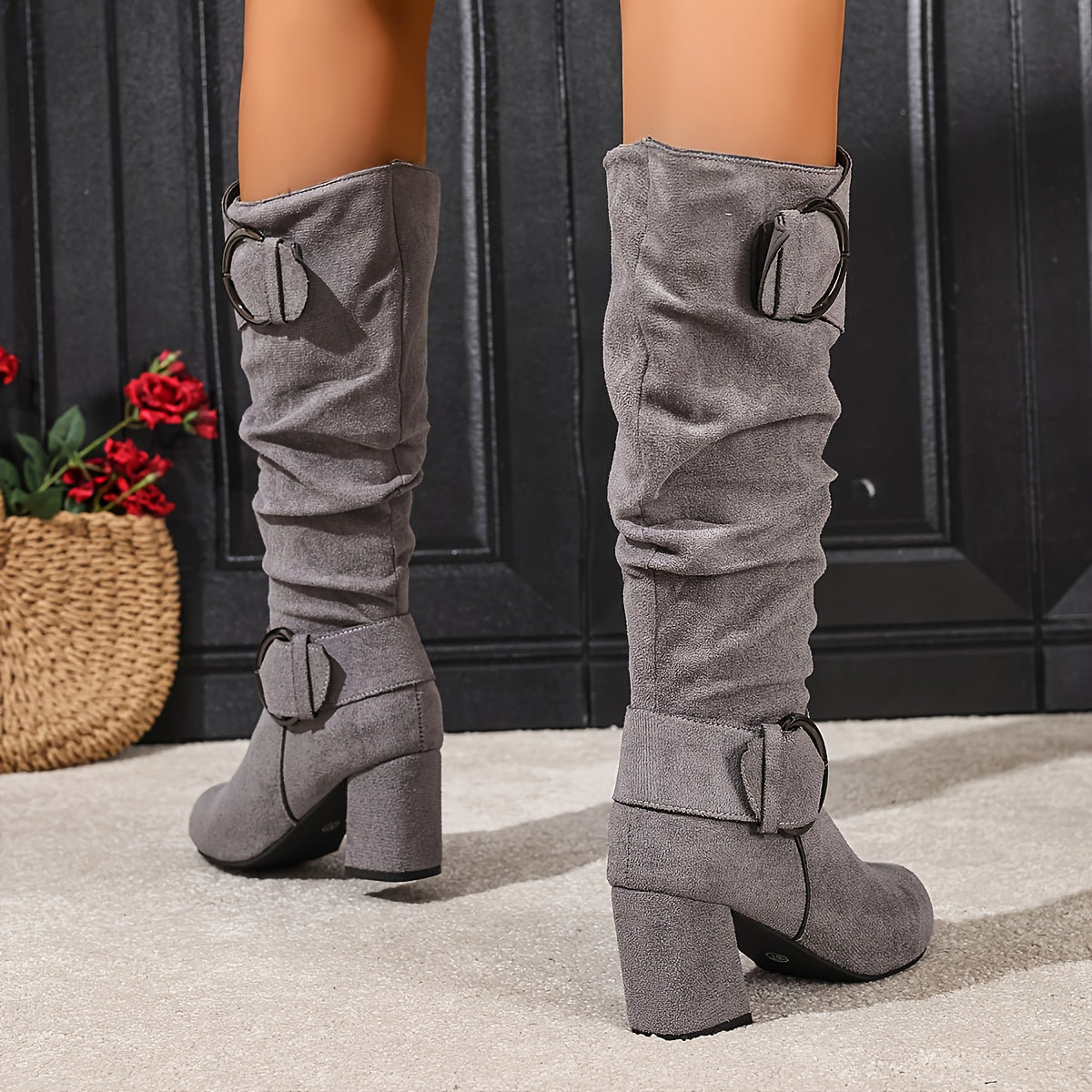 Damen Stiefel Mid-Calf mit Schnallen, seitlichem Reißverschluss und Blockabsatz in Wildlederoptik