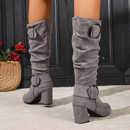 Damen Stiefel Mid-Calf mit Schnallen, seitlichem Reißverschluss und Blockabsatz in Wildlederoptik