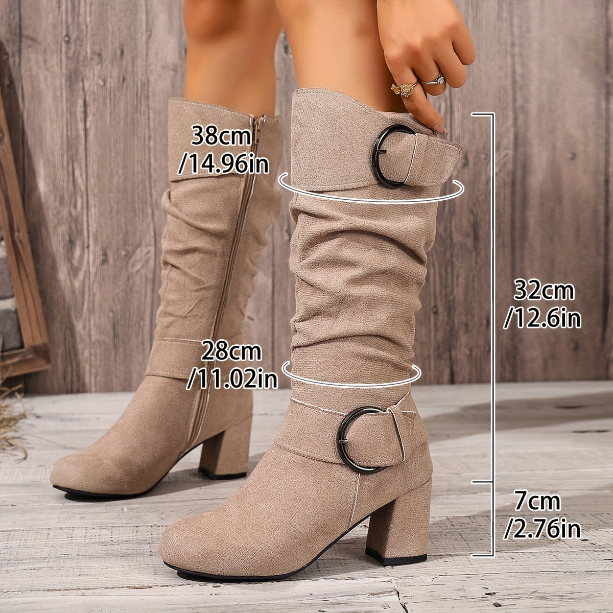Damen Stiefel Mid-Calf mit Schnallen, seitlichem Reißverschluss und Blockabsatz in Wildlederoptik