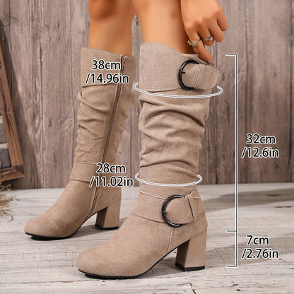 Damen Stiefel Mid-Calf mit Schnallen, seitlichem Reißverschluss und Blockabsatz in Wildlederoptik