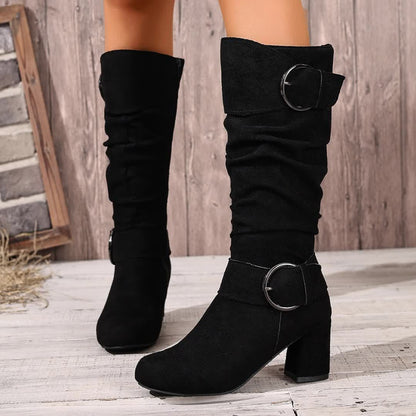 Damen Stiefel Mid-Calf mit Schnallen, seitlichem Reißverschluss und Blockabsatz in Wildlederoptik