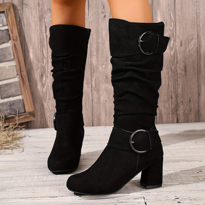 Damen Stiefel Mid-Calf mit Schnallen, seitlichem Reißverschluss und Blockabsatz in Wildlederoptik