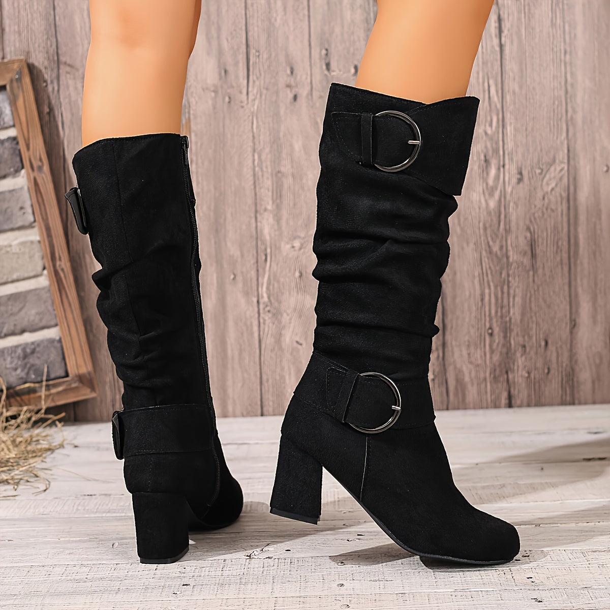 Damen Stiefel Mid-Calf mit Schnallen, seitlichem Reißverschluss und Blockabsatz in Wildlederoptik