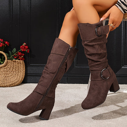 Damen Stiefel Mid-Calf mit Schnallen, seitlichem Reißverschluss und Blockabsatz in Wildlederoptik