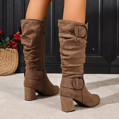 Damen Stiefel Mid-Calf mit Schnallen, seitlichem Reißverschluss und Blockabsatz in Wildlederoptik