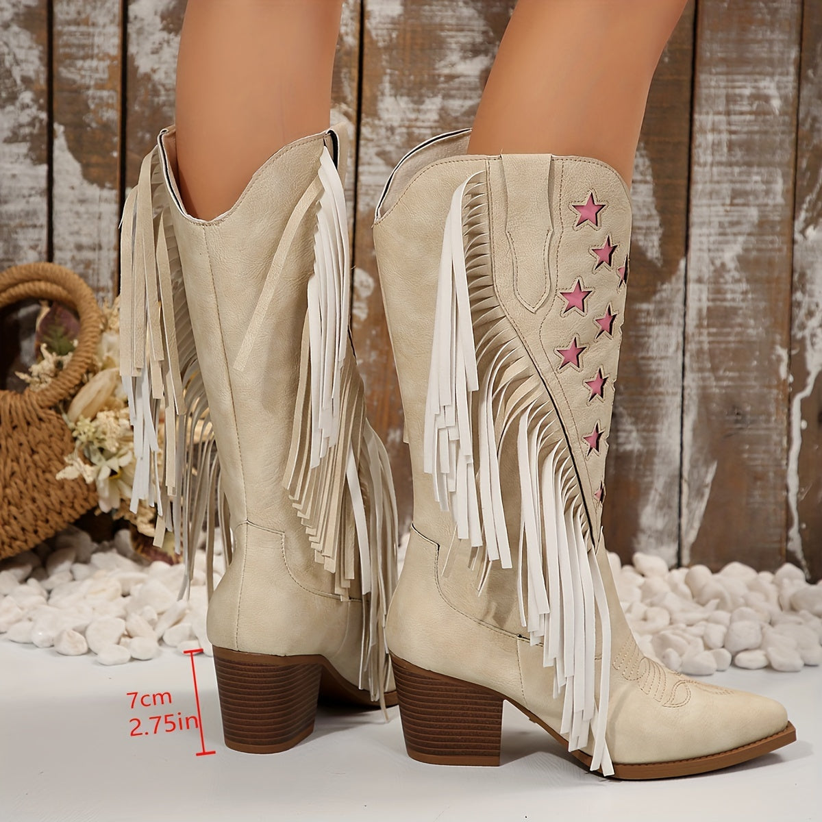 Westernstiefel Damen Beige mit Fransen und Rosa Sternen Spitz Zehe Blockabsatz