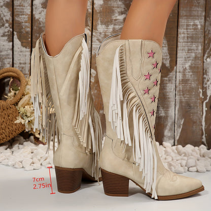 Westernstiefel Damen Beige mit Fransen und Rosa Sternen Spitz Zehe Blockabsatz
