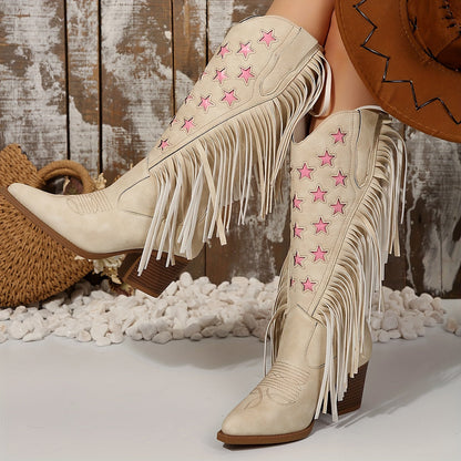 Westernstiefel Damen Beige mit Fransen und Rosa Sternen Spitz Zehe Blockabsatz