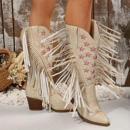 Westernstiefel Damen Beige mit Fransen und Rosa Sternen Spitz Zehe Blockabsatz