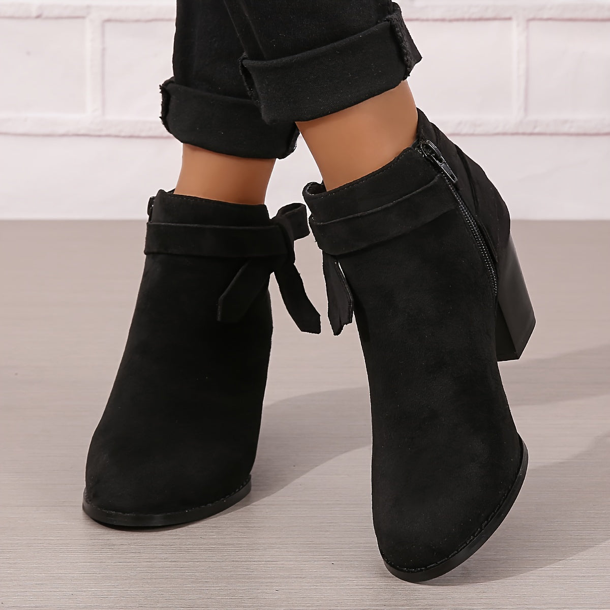 Damen Stiefelette Velours-Optik Schleife Reißverschluss Blockabsatz