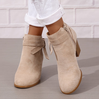 Damen Stiefelette Velours-Optik Schleife Reißverschluss Blockabsatz