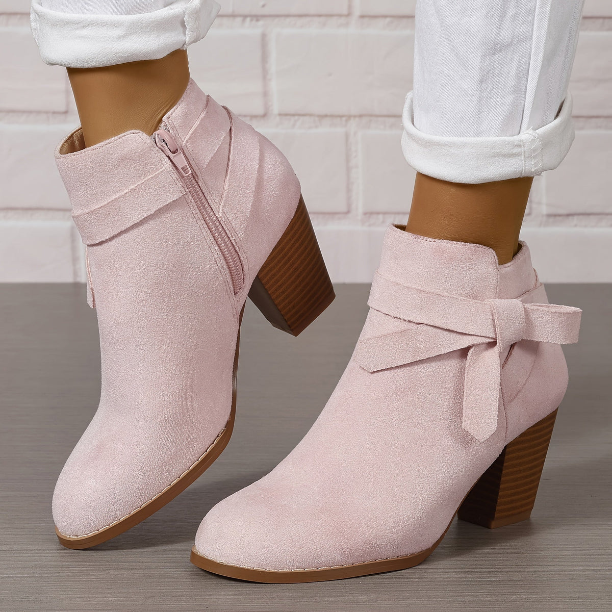 Damen Stiefelette Velours-Optik Schleife Reißverschluss Blockabsatz