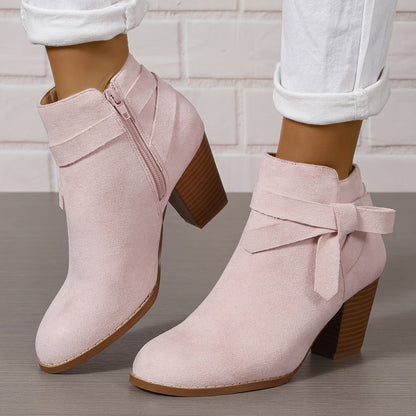 Damen Stiefelette Velours-Optik Schleife Reißverschluss Blockabsatz