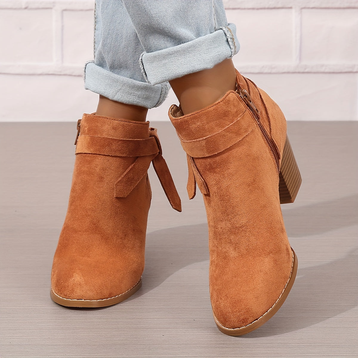 Damen Stiefelette Velours-Optik Schleife Reißverschluss Blockabsatz