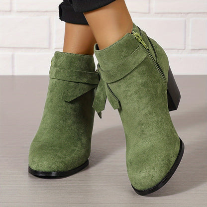 Damen Stiefelette Velours-Optik Schleife Reißverschluss Blockabsatz