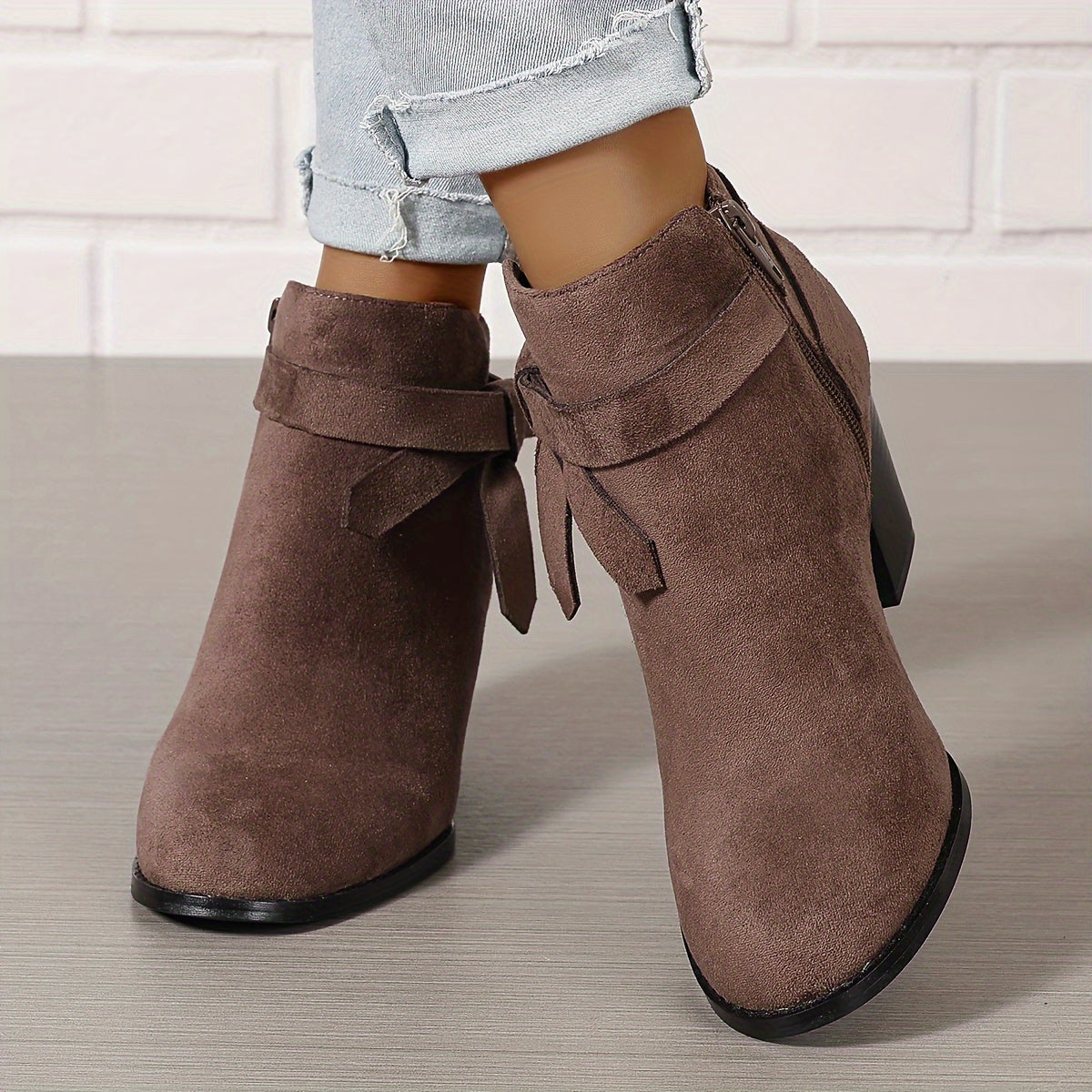 Damen Stiefelette Velours-Optik Schleife Reißverschluss Blockabsatz