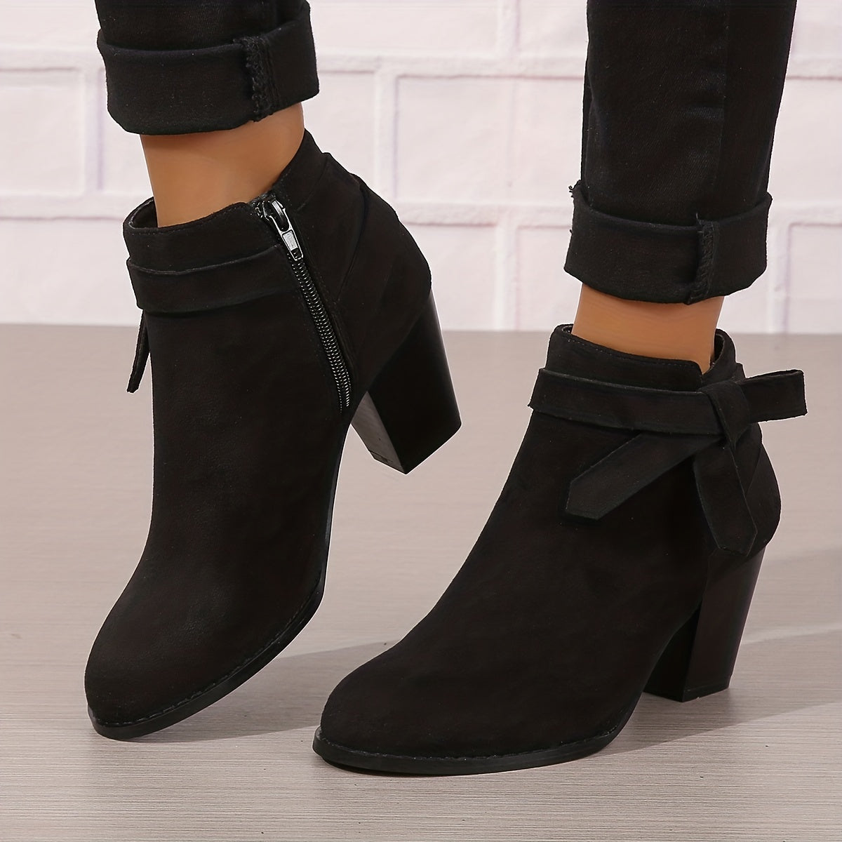 Damen Stiefelette Velours-Optik Schleife Reißverschluss Blockabsatz