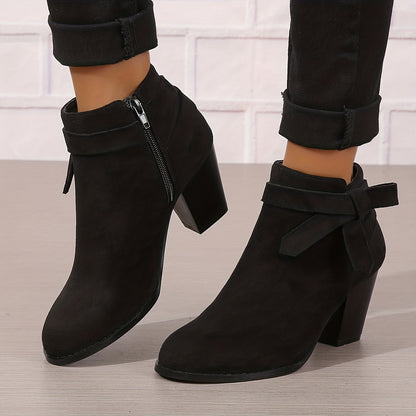Damen Stiefelette Velours-Optik Schleife Reißverschluss Blockabsatz