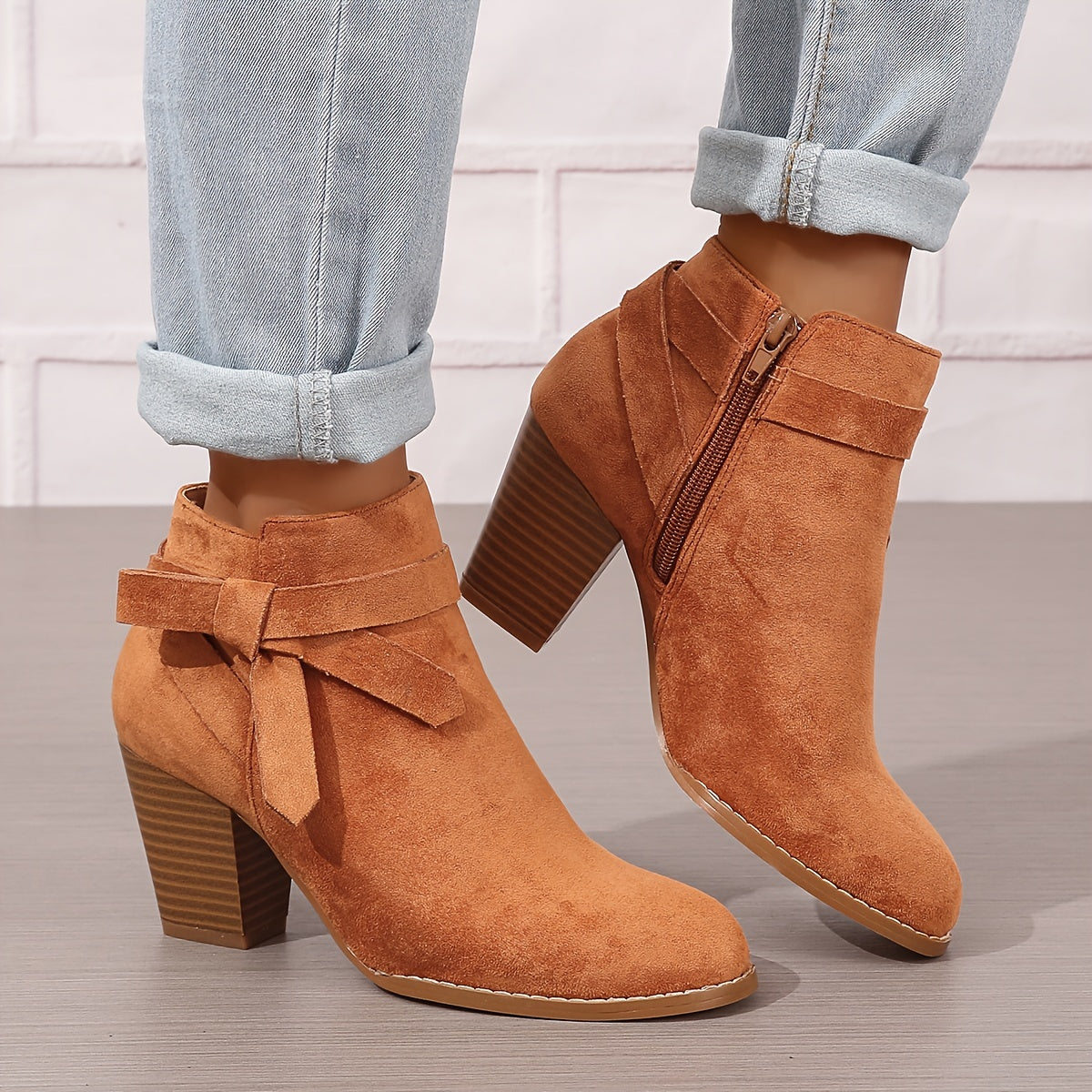 Damen Stiefelette Velours-Optik Schleife Reißverschluss Blockabsatz