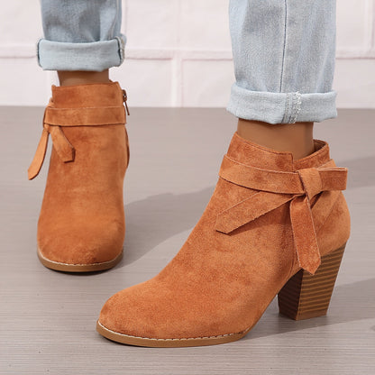 Damen Stiefelette Velours-Optik Schleife Reißverschluss Blockabsatz