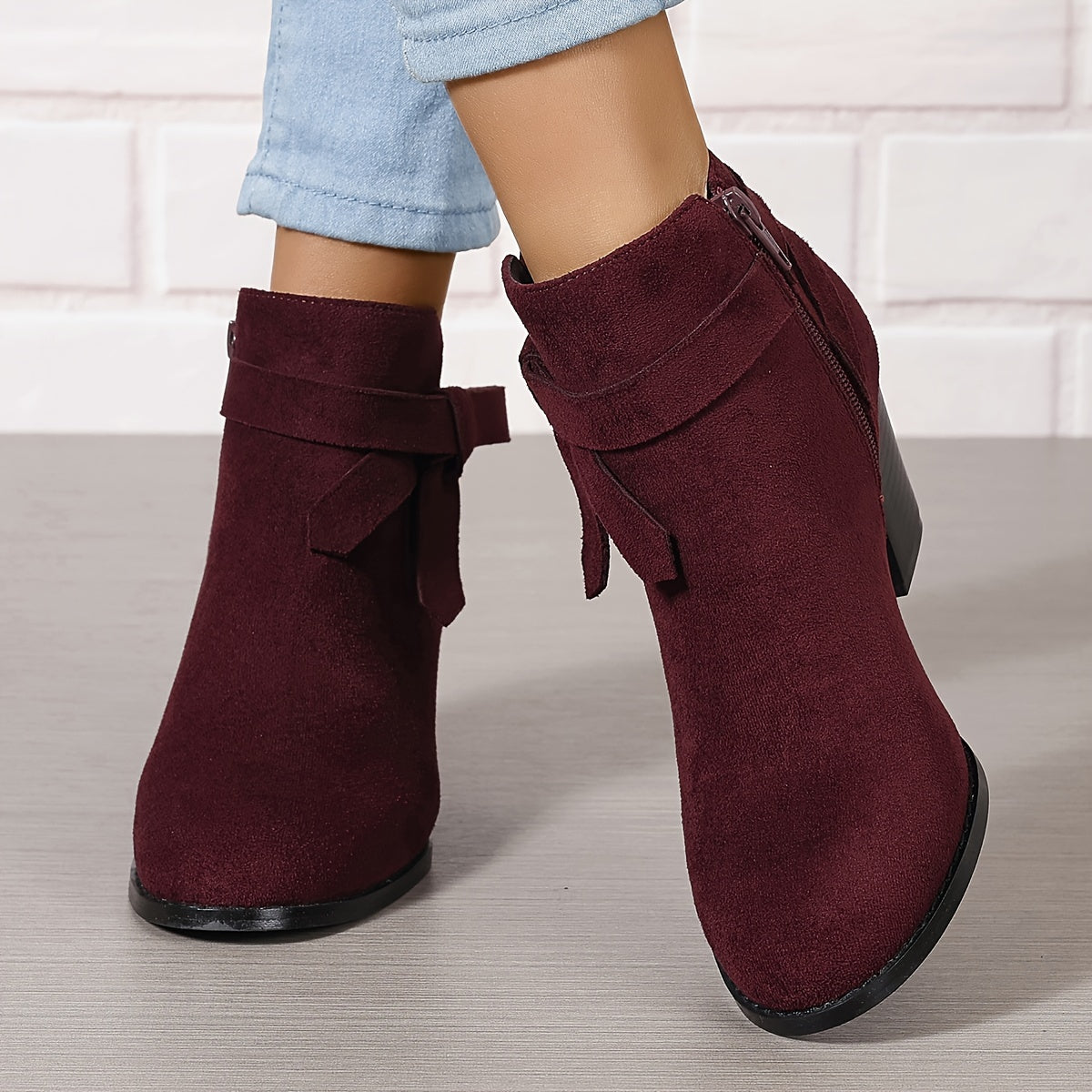 Damen Stiefelette Velours-Optik Schleife Reißverschluss Blockabsatz