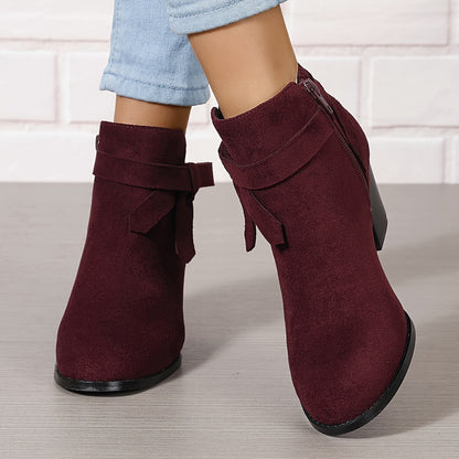 Damen Stiefelette Velours-Optik Schleife Reißverschluss Blockabsatz