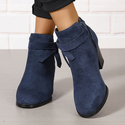 Damen Stiefelette Velours-Optik Schleife Reißverschluss Blockabsatz