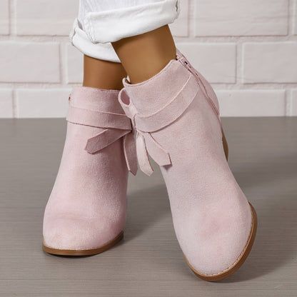 Damen Stiefelette Velours-Optik Schleife Reißverschluss Blockabsatz
