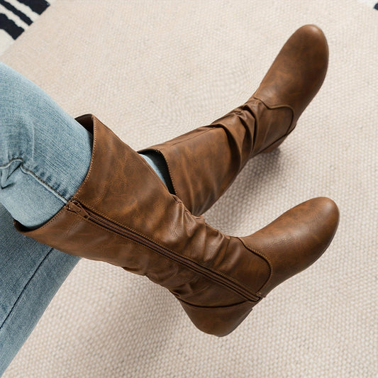 Damen Schlupfstiefel mit Falten-Design und Reißverschluss
