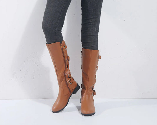 Kniehohe Damen Stiefel mit Schnallen-Details und seitlichem Reißverschluss