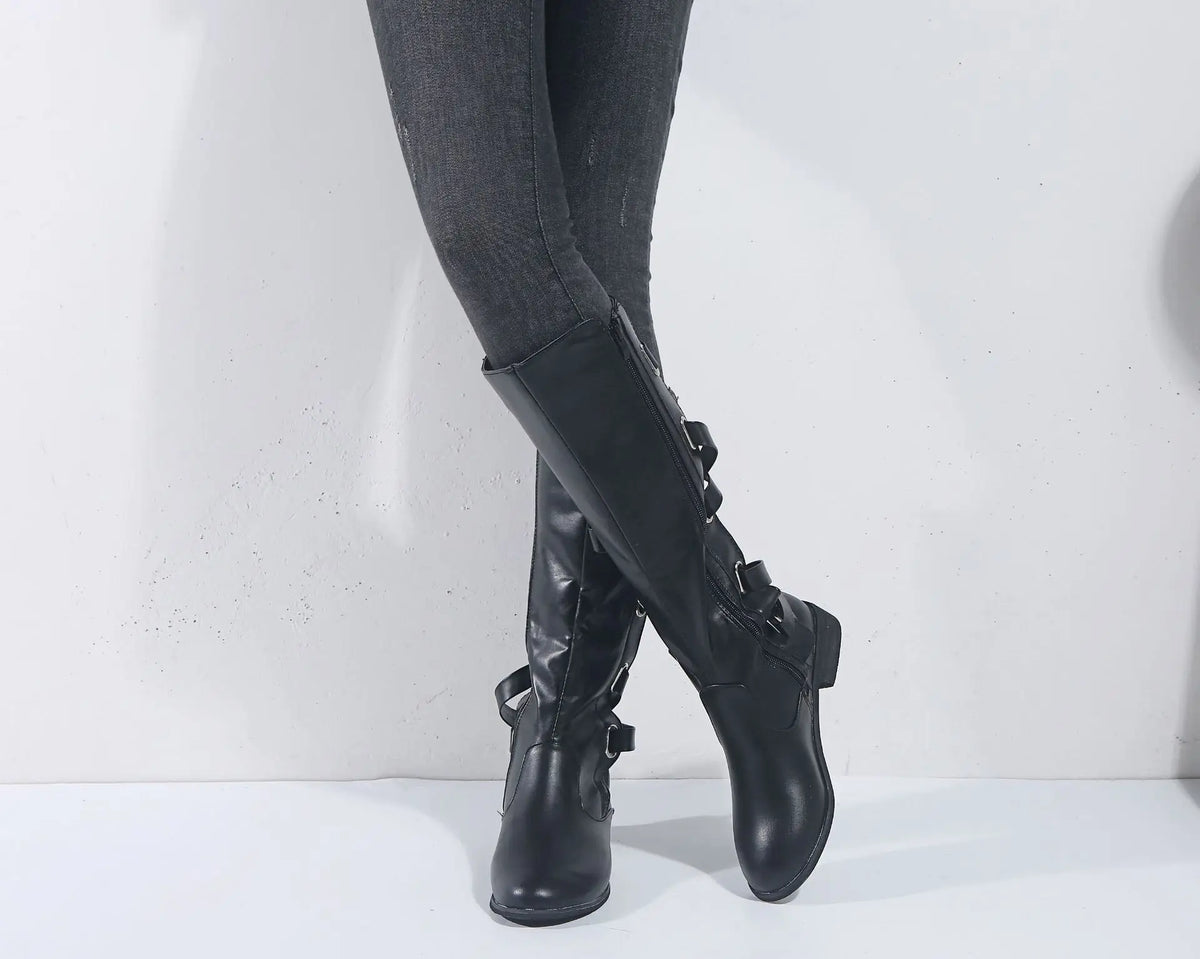 Kniehohe Damen Stiefel mit Schnallen-Details und seitlichem Reißverschluss