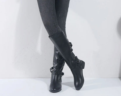 Kniehohe Damen Stiefel mit Schnallen-Details und seitlichem Reißverschluss