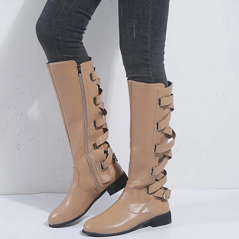 Kniehohe Damen Stiefel mit Schnallen-Details und seitlichem Reißverschluss
