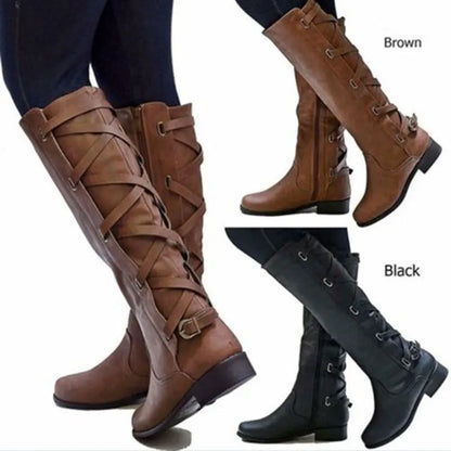 Kniehohe Damen Stiefel mit Schnallen-Details und seitlichem Reißverschluss