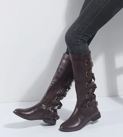 Kniehohe Damen Stiefel mit Schnallen-Details und seitlichem Reißverschluss