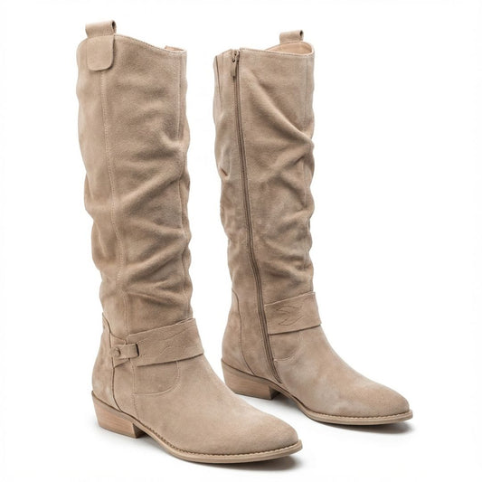 Damen Velours-Stiefel mit Schnalle und Reißverschluss, Camel