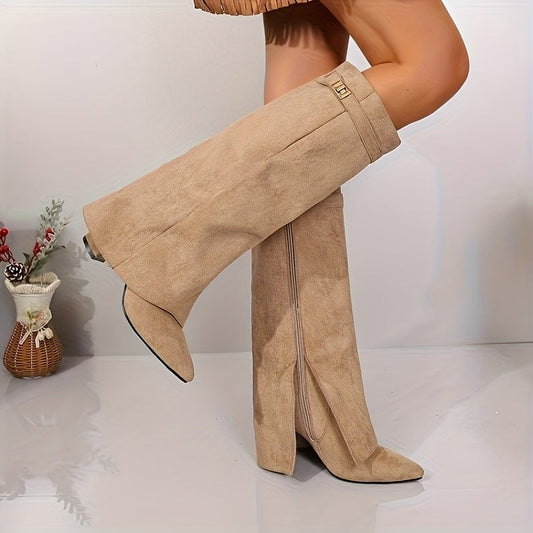 Damenhohe Stiefel mit Blockabsatz und Reißverschluss, Aprikose