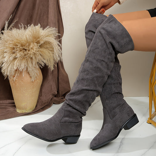 Damen Overknee Stiefel Spitz mit Blockabsatz Slouchy